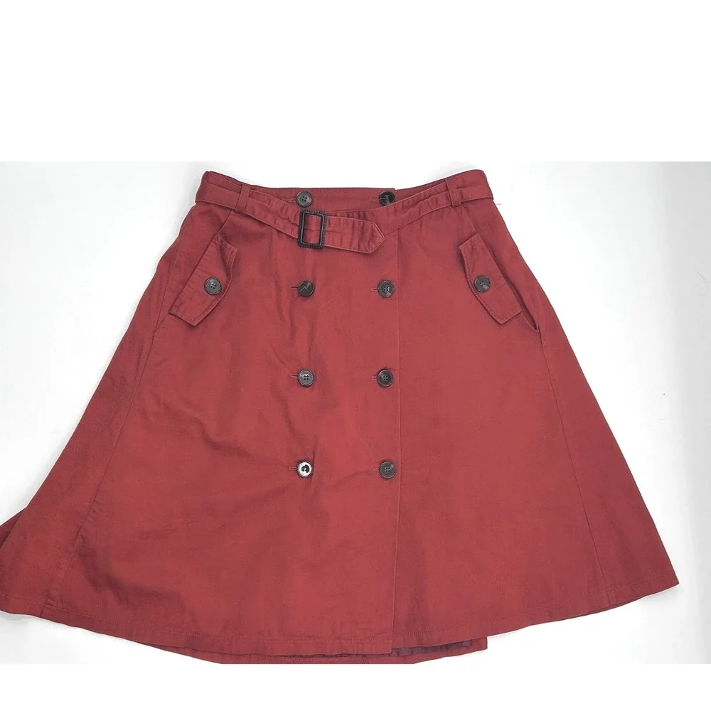 Comme Toi Womens Medium Rust Red Double Breasted Trench Skirt Belted A-Line